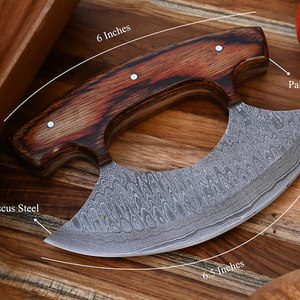 Cuchillo Ulu de Acero de Damasco Hecho a Mano, Cortador de Pizza de Cocina y Rebanador de Chef, Mango de Madera y Funda de Cuero - Product Image 3