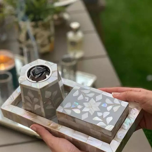 Hand-Made Shell Inlay Incense Burner Set with Tray and <b>Candle</b> <b>Holder</b> Blue White Hexagon Pattern Aromatic Use All-Season - Product Image 5
