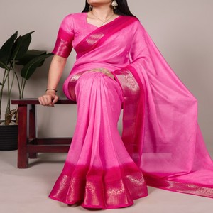Sari VASTRA COTTAGE en tissu doux Marshmello avec un riche tissage Zari, avec un chemisier non cousu, tenue ethnique élégante - Product Image 5