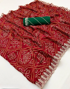 Saree léger en mousseline de soie Soft Bandhej avec bordure brodée et chemisier fantaisie contrasté pour adultes - Product Image 2