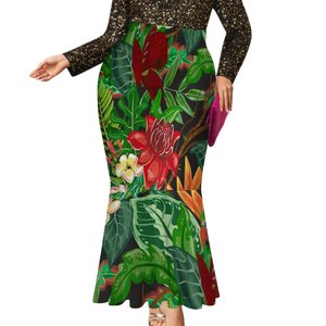 Falda de cola de pez de cintura alta de Isla del Pacífico Falda con estampado de sublimación de flores polinesias Precio barato para mujeres - Product Image 1