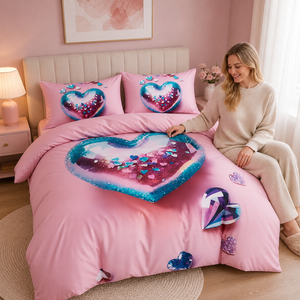 Poland Stock Pink Sequin <b>Heart</b> <b>Bedding</b> Set 3 Piece Duvet Cover Glitter Polyester Washable Posciel EU fast delivery - Product Image 1