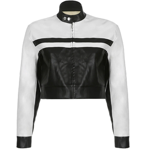 Nouvel arrivage d'automne Streetwear Vêtements d'extérieur contrastés Femme Voiture de course Moto Motard recadrée Vestes en cuir pour femmes OEM - Product Image 1