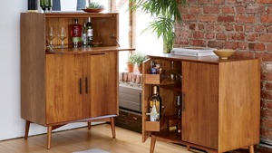 Mobile Bar in MDF Stile Mid-Century <span class=keywords><strong>con</strong></span> Due Ante, Portabottiglie, Ripiani Regolabili e Cerniere <span class=keywords><strong>con</strong></span> Chiusura Ammortizzata, Arredo Contenitore per Sala da Pranzo - Product Image 5