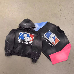 Sweat-shirt ample décontracté personnalisé avec strass, broderie, coupe ample, 100% coton tricoté, pull à capuche zippé délavé au soleil pour homme - Product Image 1