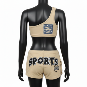 Conjunto de Bikini Premium para Mujer, 220 GSM, Poliéster Elástico, Spandex, Beige Arena, Paneles de Malla con Bolsillos, Logotipo Aplicado - Product Image 4