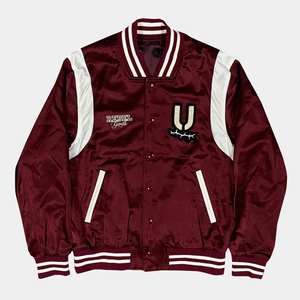 Maroon Satin <b>Thin</b> Winter Bomber <b>Jacket</b> <b>Waterproof</b> Windproof Breathable Eco-Friendly Front Logo Matching Rib Regular Fit - Product Image 1