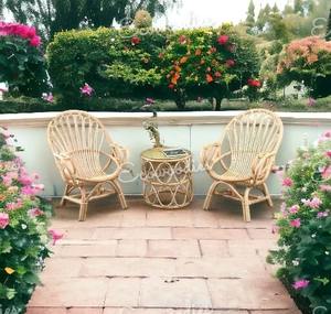 Juego de 2 sillas de caña de bambú hechas a mano con taburete otomano redondo para sala de estar, oficina, cafetería, Jardín - Product Image 5