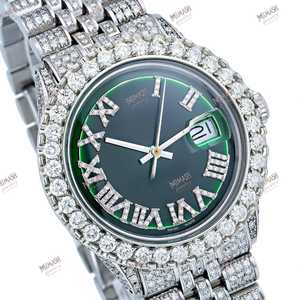 Luxueux 38mm Vert Chiffre Romain Cadran Analogique Montre De Luxe Glacé Moissanite Diamant Unique Auto Date Style pour Toutes Les Occasions - Product Image 4