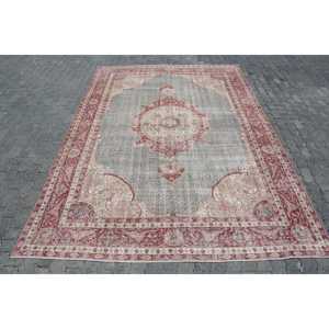 Vintage Turkish Oversize Rug 7.8x11.3 ft, <b>Red</b> Gray Floral <b>Wool</b> Rug - Product Image 1