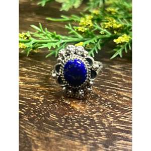 Freda Martinez <b>Statement</b> <b>Ring</b> with Lapis Gemstone & Sterling <b>Silver</b> Emerald Cut Rhodium Plated Size 7 Everyday Wear - Product Image 1