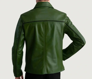 Veste en cuir PU vert pour homme, col rabattu, fermeture éclair, style décontracté, coupe classique, couleur unie, pour l'automne - Product Image 3