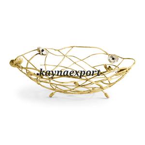 Bol en métal blanc poli de luxe, décoration de table, service de fruits, branche dorée faite à la main, fête, écologique - Product Image 1