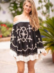 Trendy Embroidered Boho Women's Midi Dresses Long Sleeve <b>Poncho</b> Tops Lace Decoration Solid Pattern Beach Swim Plus - Product Image 2