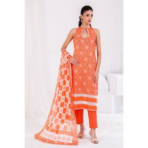 Traje de chifón estampado sin costuras de 3 piezas color naranja para mujer con bordado para uso diario - Product Image 3