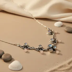 Collar de Plata de Ley 925 con Piedra Lunar para Mujer, Chapado en Rodio con Cadenas de Oro Rosa de 14K y Diamantes, Joyería con Piedras Preciosas - Product Image 1