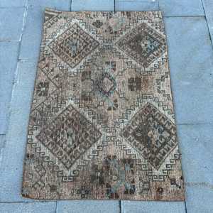 2.6x3.9 ft Small Turkish Vintage Rug, <b>Brown</b> Check <b>Wool</b> Rug - Product Image 1