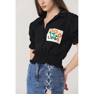 Blusas y Camisas para Mujer Topshow, Negras con Bolsillo Bordado, Camisas al por Mayor - Product Image 2