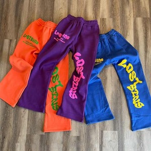 <b>Men's</b> Casual Custom Logo Fleece <b>Joggers</b> 3D Puff Print French Terry Sweatpants with Mid Waist Baggy Stacked Flare <b>Denim</b> Fabric - Product Image 1