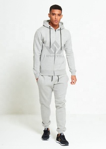 Ensemble de survêtement gris 2-en-1 pour homme avec sweat à capuche zippé et pantalon de jogging ajusté, poches latérales, vêtements de sport décontractés 100 % coton pour le printemps - Product Image 2