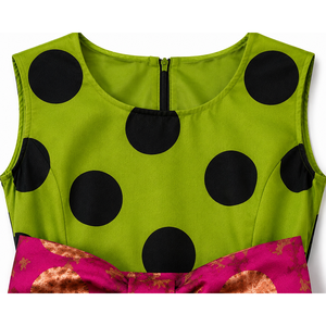 Abito in Raso Ankara Verde a Pois con Motivo Rosa e Fiocco, Vita Naturale, Traspirante - Product Image 5