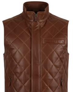 Gilet matelassé en cuir véritable marron pour homme, col montant, fermeture éclair et poche avant, style moto - Product Image 2