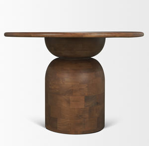 Modern Intrigued Bricklay Pattern <b>Round</b> Curved Edges <b>Top</b> Pedestal Base Contemporary Rich Mid Brown Finish Kitchen Dining <b>Table</b> - Product Image 2