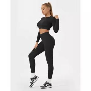 Ropa de yoga para mujer, ropa de gimnasio de cintura alta acanalada, traje de entrenamiento sin mangas, conjunto de yoga sin costuras - Product Image 2