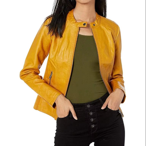 Blouson bombardier en cuir jaune pour dames Blouson court en cuir pour femmes Blousons bombardiers pour femmes Vestes d'extérieur pour femmes avec impression de logo personnalisé - Product Image 1