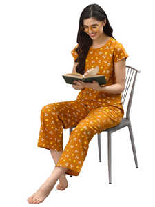 <b>Womens</b> Cotton Bandhani Printed Night <b>Suit</b> With <b>Short</b> Sleeves Round Neck Comfortable Relaxed Fit Sleepwear Mustard Color - Product Image 3