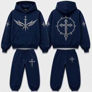 Ensemble de survêtement à capuche avec croix gothique et ailes d'ange, style streetwear, motif croix sacrée - Product Image 2