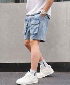 กางเกงยีนส์ขาสั้นผ้าฝ้าย100% ลำลองของผู้ชายกางเกงขาสั้นผ้าฝ้ายมีหลายกระเป๋าทรงหลวม - Product Image 4