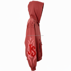 Women Thick Cotton Fleece <b>Zipper</b> <b>Hoodie</b> Washed Vintage <b>Red</b> Distressed Custom Logo Embroidery Puff Print Design basics hoodies - Product Image 3