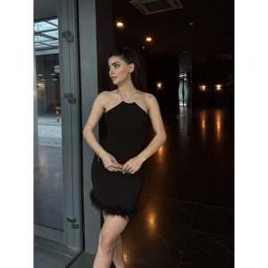 Robe à taille naturelle et détails en plumes - Product Image 1