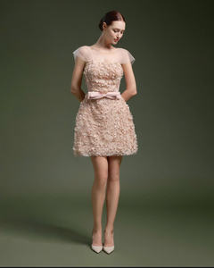 Mini robe de fête florale 3D, ange de Cupidon, rose clair nude, mini robe florale 3D en forme de A avec un accent de nœud élégant, fabriquée au Vietnam - Product Image 5