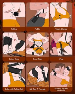 Kit de bondage BDSM, jouet sexuel, ensemble de 11 pièces pour débutants avec menottes, attaches de cheville, bandeau pour les yeux, <span class=keywords><strong>fouet</strong></span>, pagaie... - Product Image 5