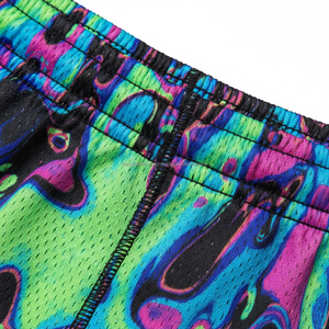 Shorts en maille pour hommes, séchage rapide, OEM, imprimé abstrait vibrant, design liquide néon, shorts de plage d'été - Product Image 3
