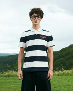 High Quality Cotton Knitted Breathable Casual Men's <b>Short</b>-<b>Sleeved</b> <b>Button</b>-<b>Up</b> Regular-Length Striped Patch for Shirt Print Routine - Product Image 1