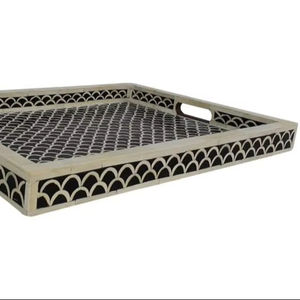 Plateau de service en os incrusté fait à la main avec des motifs floraux complexes, bijou du désert, taille et couleur personnalisables pour le Ramadan, en provenance d'Inde - Product Image 1