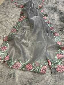 ผ้าส่าหรีผ้าไหมออร์แกนซ่าเนื้อนุ่มงานปักแบบดั้งเดิมงานตัดขอบสไตล์ปากีสถานสำหรับงานเลี้ยงงานแต่งงาน - Product Image 3