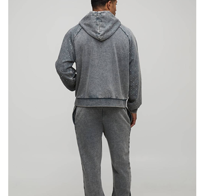 Sweat à capuche de haute qualité, motif en strass, vêtement lavé, mode streetwear pour hommes, poches cousues sur le devant, sweat à capuche ample - Product Image 2