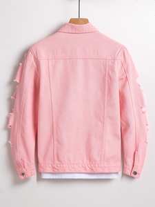 เสื้อแจ็กเก็ตผ้ายีนส์สีชมพูสำหรับผู้หญิงเสื้อผ้าแนวสตรีทแขนยาวทันสมัยทันสมัยมีลายขาด - Product Image 5