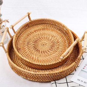 Wholesale Handwoven Rattan Round Serving <b>Tray</b> with Handles Rustic Food Serving <b>Tray</b> Coffee <b>Breakfast</b> Display from Vietnam - Product Image 5