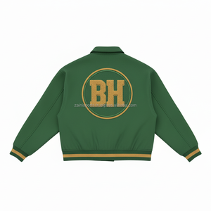 Chaqueta universitaria de mezcla de lana unisex 420 GSM parche de chenilla personalizado Logo verde con dobladillo y puños de cuello acanalado chaqueta universitaria para mujer - Product Image 2