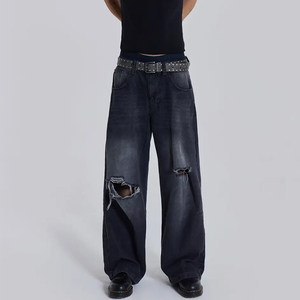 กางเกงยีนส์ฮิปฮอปแนววินเทจของผู้ชายกางเกงยีนส์ขาบานเข้ารูปแบบ Baggy ทรงตรงสำหรับฤดูร้อน2026ออกแบบได้ตามต้องการ - Product Image 4