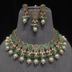 Ensemble de collier Polki plaqué or pour mariée indienne avec boucles d'oreilles, bijoux de mariée pour mariage et fête - Product Image 1