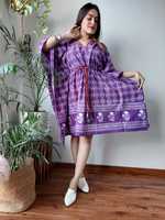 Robe midi d'été ample en coton teint à la main sur mesure - Col en V et taille naturelle, écologique, pour femmes et revendeurs de boutiques