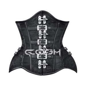 Corset noir en brocart avec baleines en acier, sangles et boucle en cuir - Product Image 1