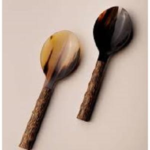 Ensemble cuillère et fourchette à salade en corne de VIKING au design antique avec manche en bois pour ustensiles de cuisine ensembles de serveurs à salade de table - Product Image 1