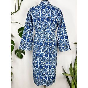 Men's Pure Cotton Robe <b>Kimono</b> Elegant Summer <b>Beach</b> Coverup for Smoking Lounge Wear Funky White Blue Handblock Swimsuit Cover Ups - Product Image 5